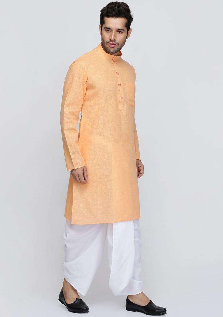 Orange Solid Cotton Kurta Set For Men - Indya