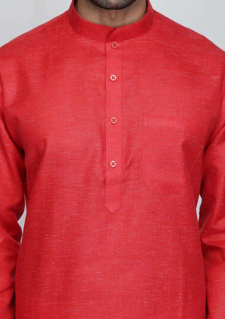 Red Solid Cotton Kurta Set For Men - Indya