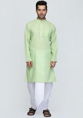 Green Solid Cotton Kurta Set For Men