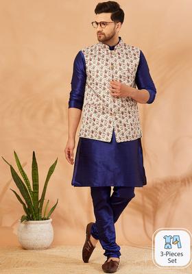 Beige Printed Silk Kurta Set For Men