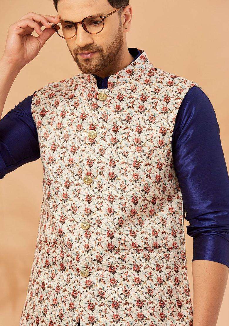Beige Printed Silk Blend Kurta Set For Men - Indya