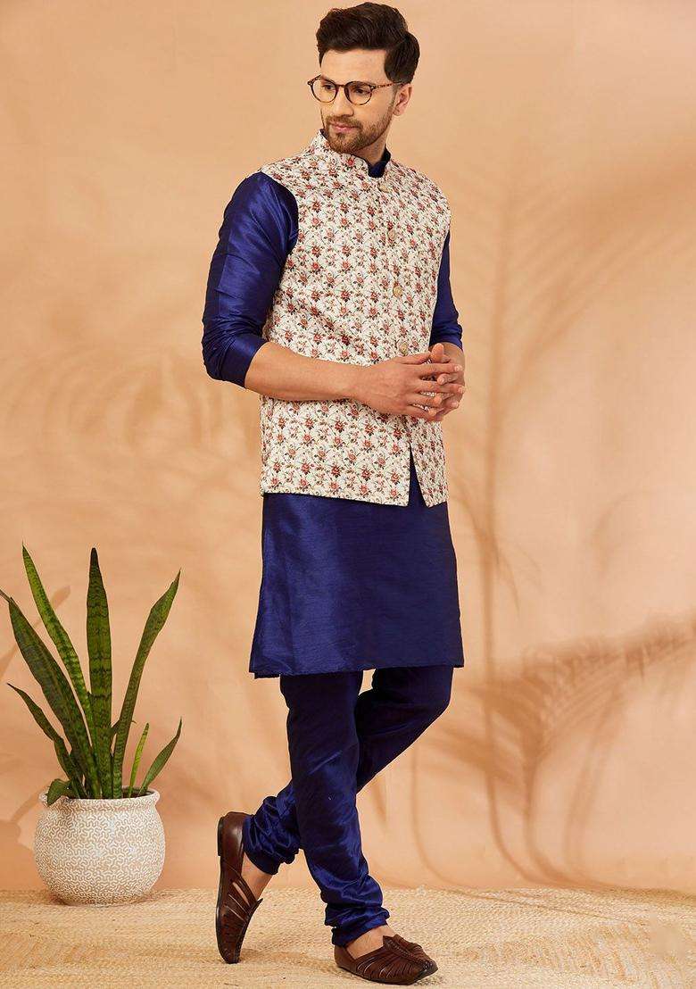 Beige Printed Silk Blend Kurta Set For Men - Indya