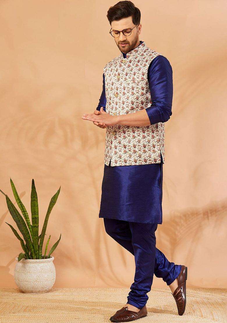 Beige Printed Silk Blend Kurta Set For Men - Indya