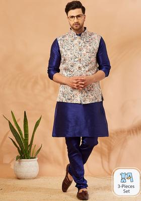 Navy Blue Solid Silk Kurta Set For Men