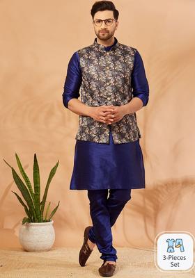 Navy Blue Solid Silk Kurta Set For Men
