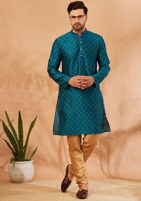 Sea Green Self Design Silk Kurta Set For Men