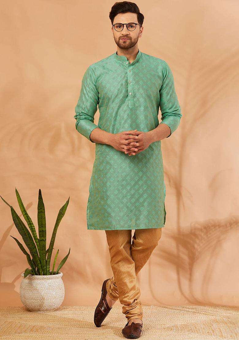 Lime Green Embroidered Silk Blend Kurta Set For Men - Indya