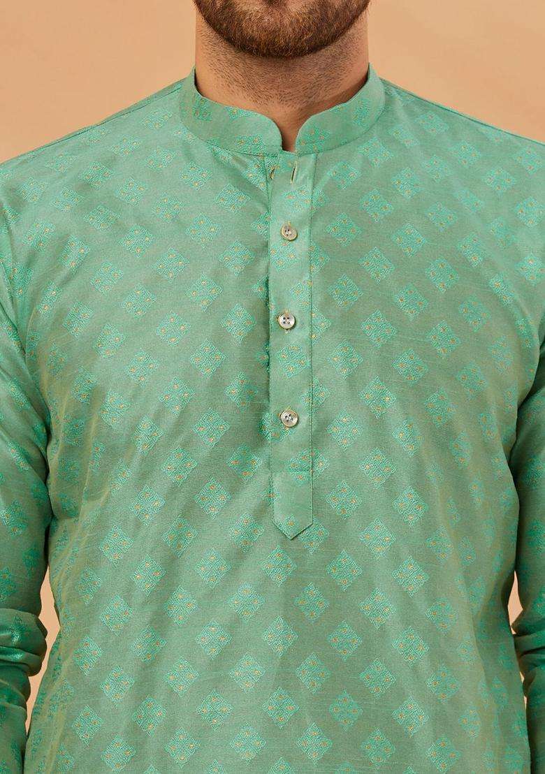 Lime Green Embroidered Silk Blend Kurta Set For Men - Indya