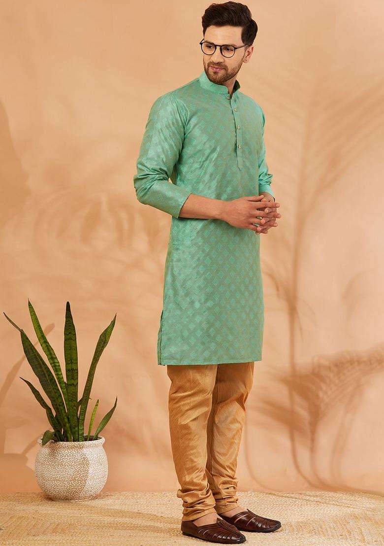 Lime Green Embroidered Silk Blend Kurta Set For Men - Indya