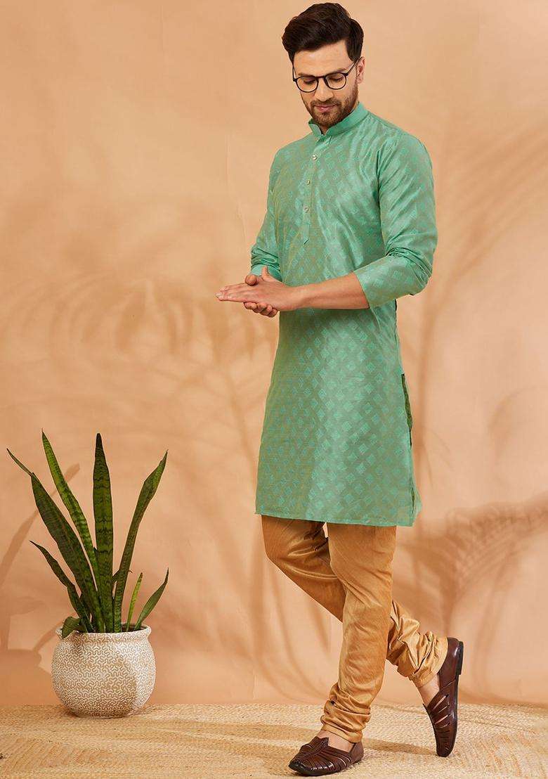 Lime Green Embroidered Silk Blend Kurta Set For Men - Indya