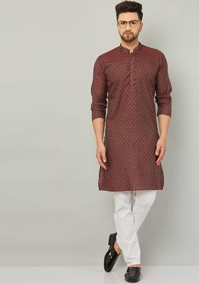 Maroon Printed Cotton Kurta Set For Men