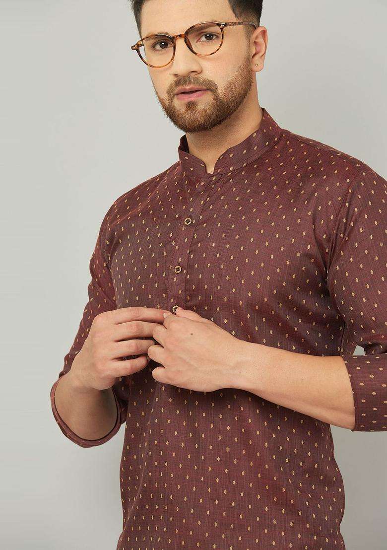 Maroon Printed Cotton Kurta Set For Men - Indya