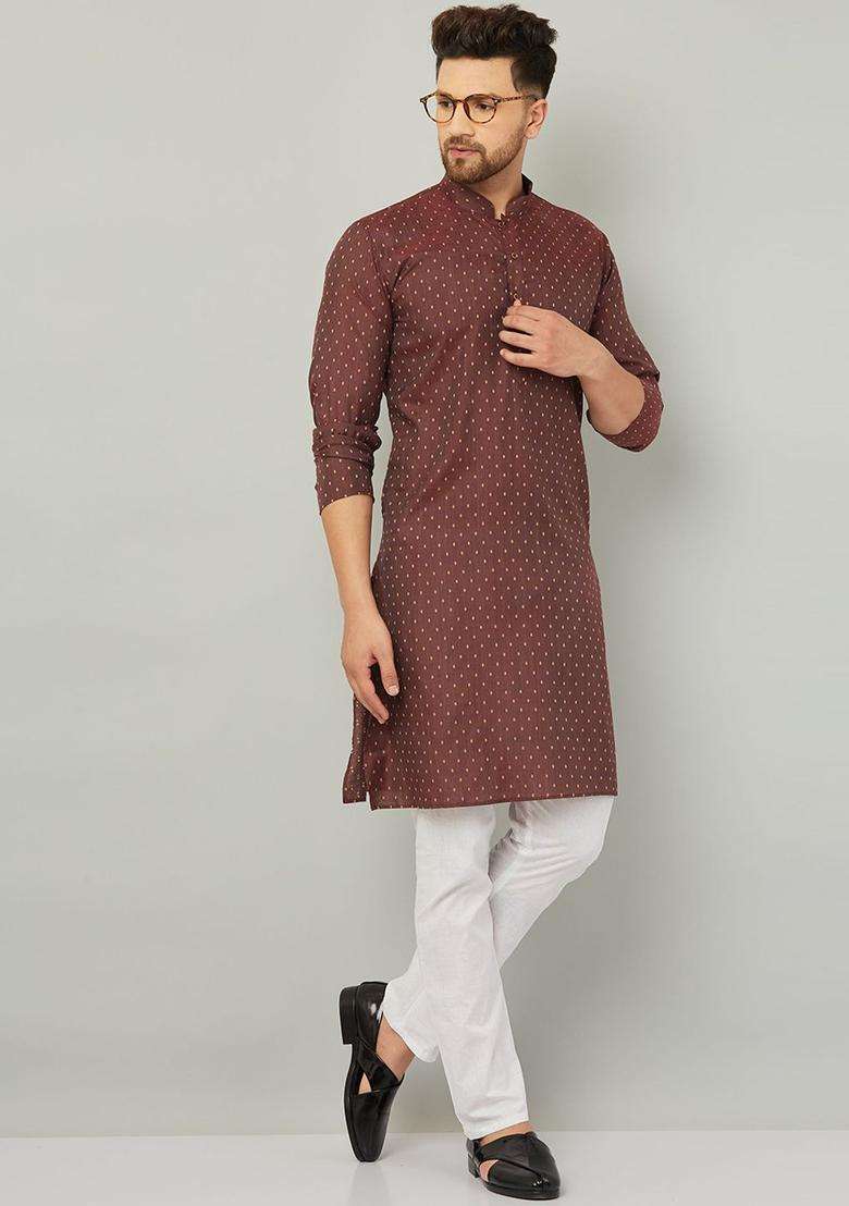 Maroon Printed Cotton Kurta Set For Men - Indya