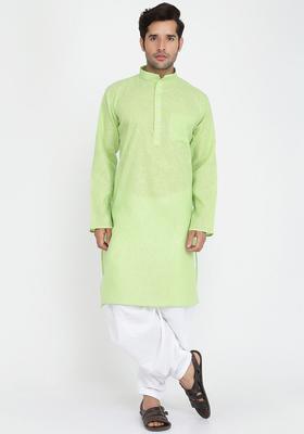 Green Solid Cotton Kurta Set For Men