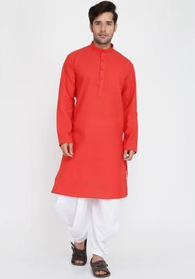 Red Solid Cotton Kurta Set For Men