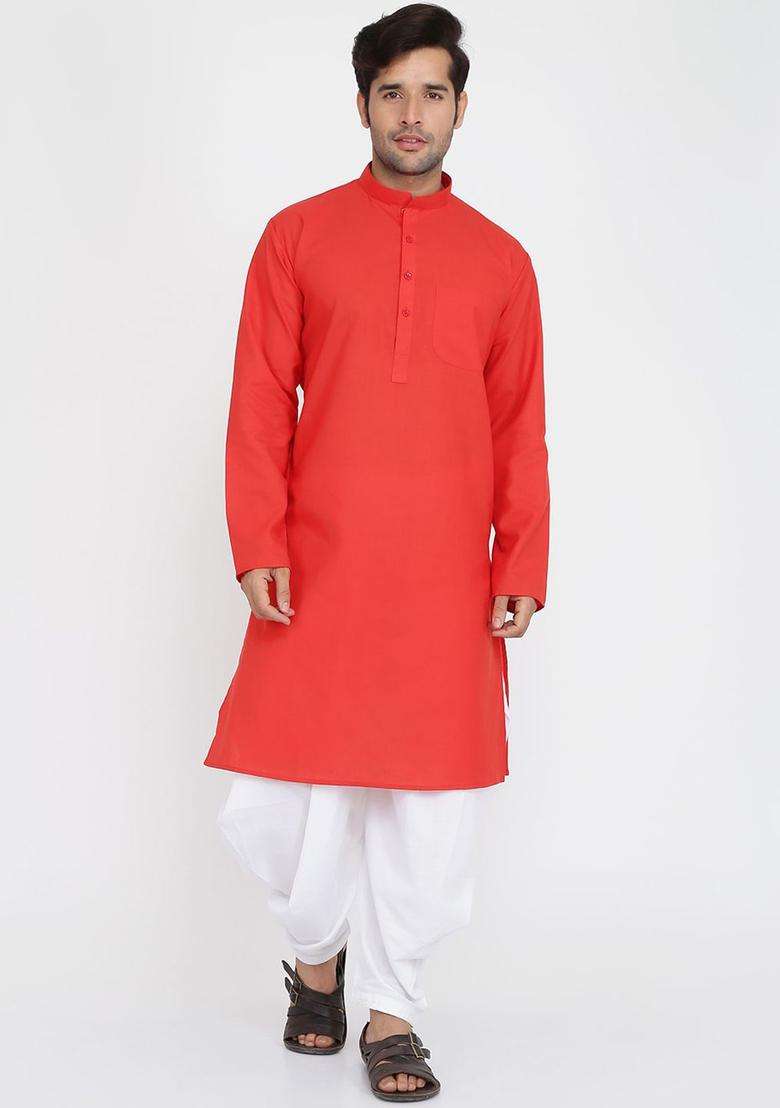 Red Solid Cotton Kurta Set For Men - Indya