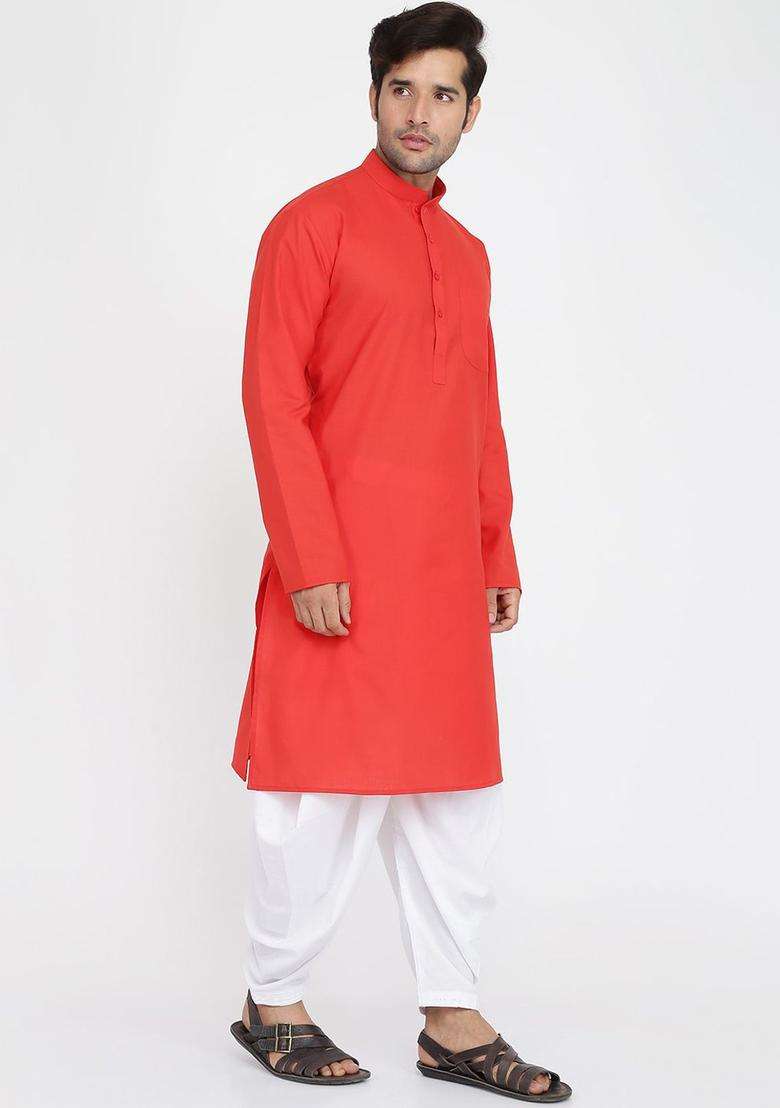 Red Solid Cotton Kurta Set For Men - Indya