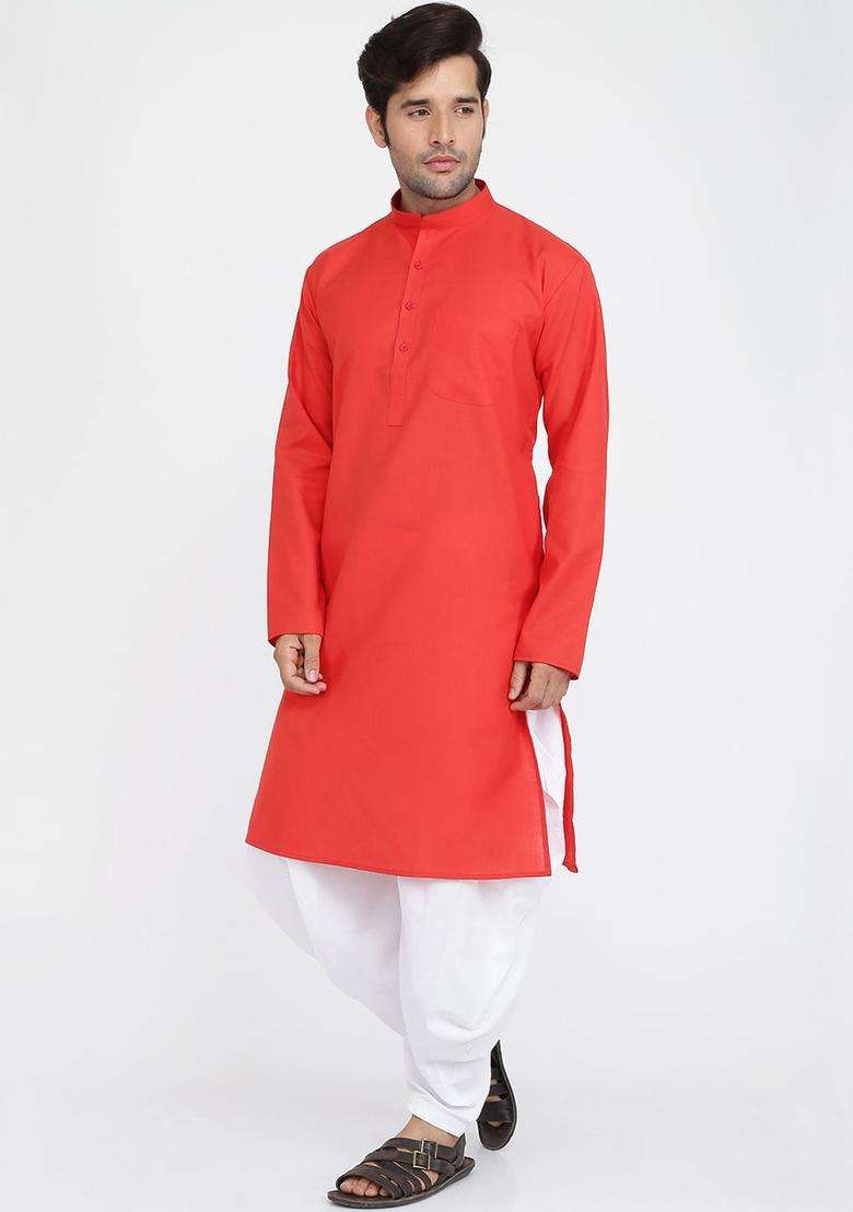 Red Solid Cotton Kurta Set For Men - Indya