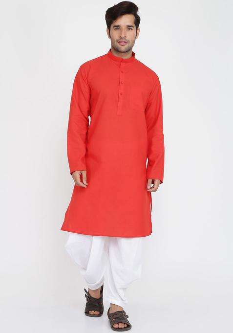 Red Solid Cotton Kurta Set For Men