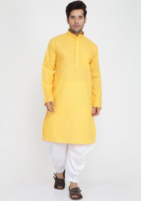 Yellow Solid Cotton Kurta Set For Men