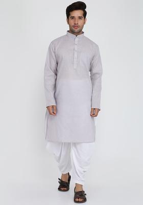 Grey Solid Cotton Kurta Set For Men