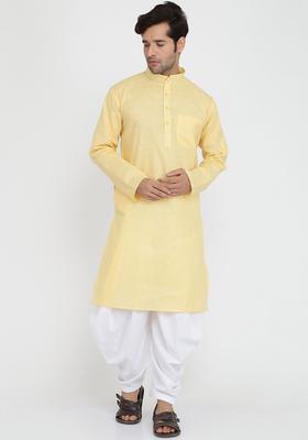 Gold Solid Cotton Kurta Set For Men