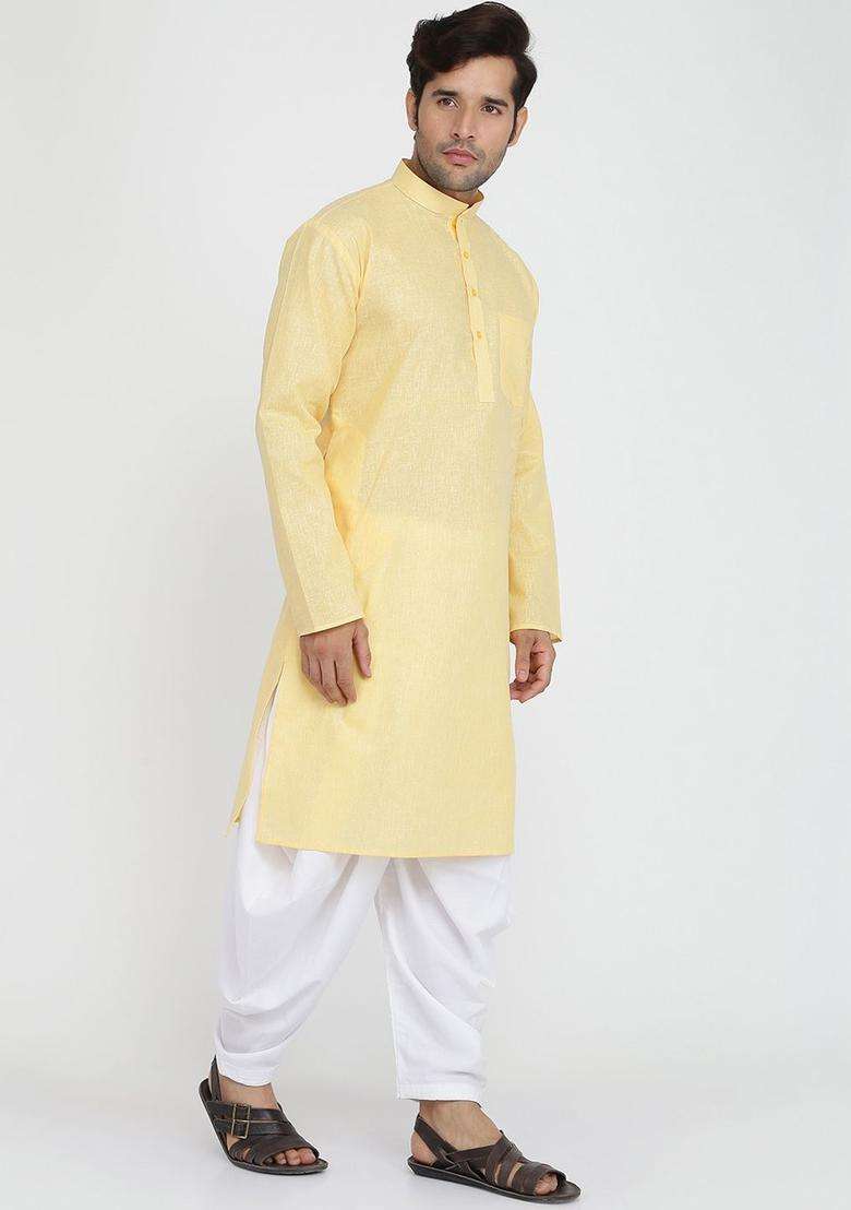Gold Solid Cotton Kurta Set For Men - Indya