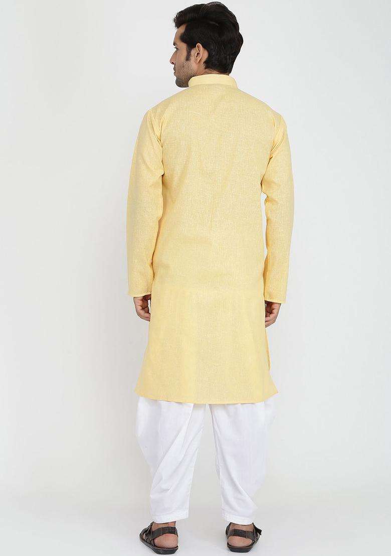 Gold Solid Cotton Kurta Set For Men - Indya