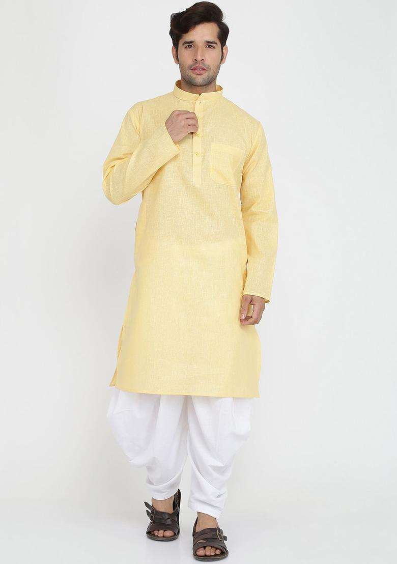 Gold Solid Cotton Kurta Set For Men - Indya