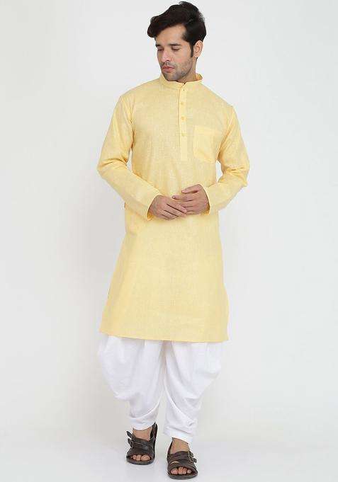 Gold Solid Cotton Kurta Set For Men