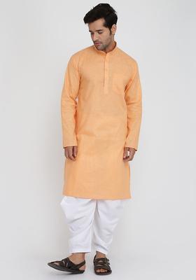 Orange Solid Cotton Kurta Set For Men