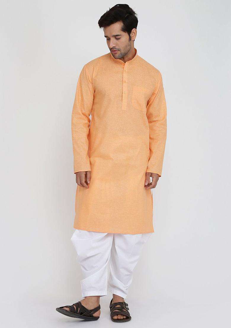 Orange Solid Cotton Kurta Set For Men - Indya