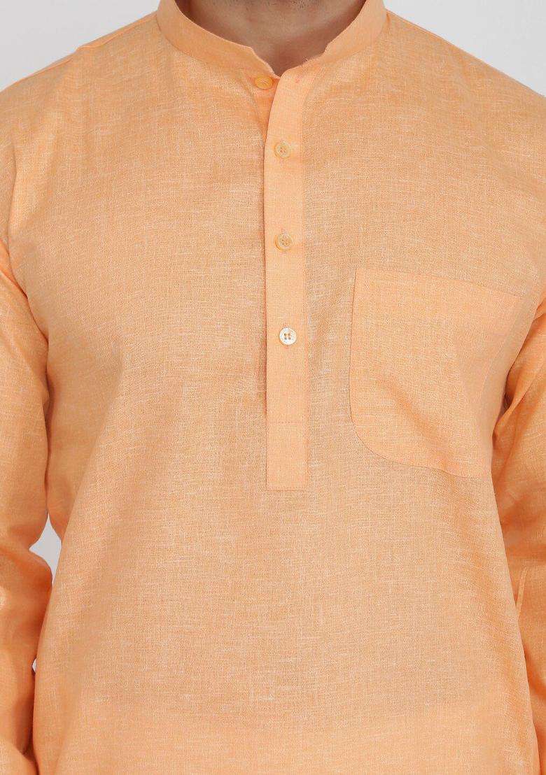 Orange Solid Cotton Kurta Set For Men - Indya