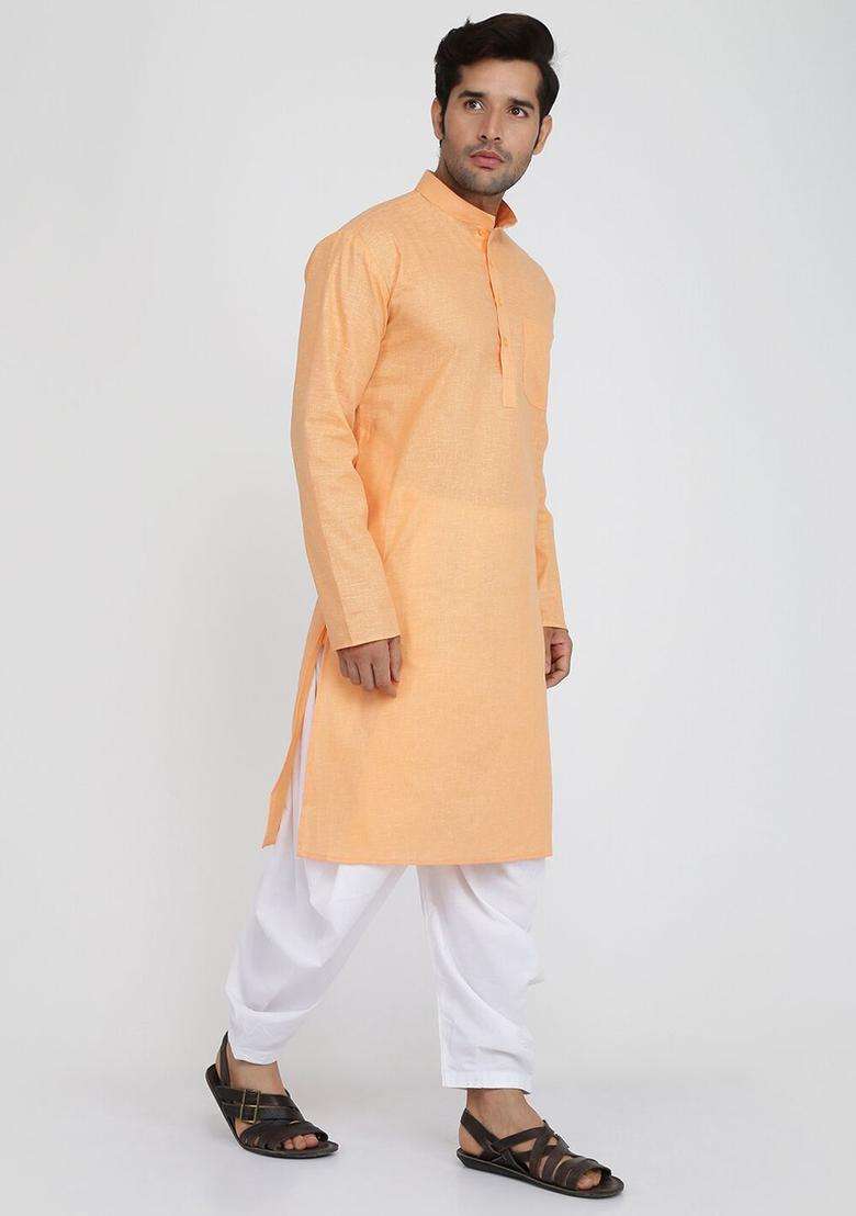 Orange Solid Cotton Kurta Set For Men - Indya