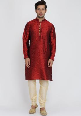 Maroon Woven Design Silk Kurta Set For Men