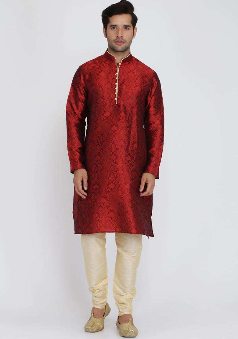 Maroon Woven Design Silk Blend Kurta Set For Men - Indya