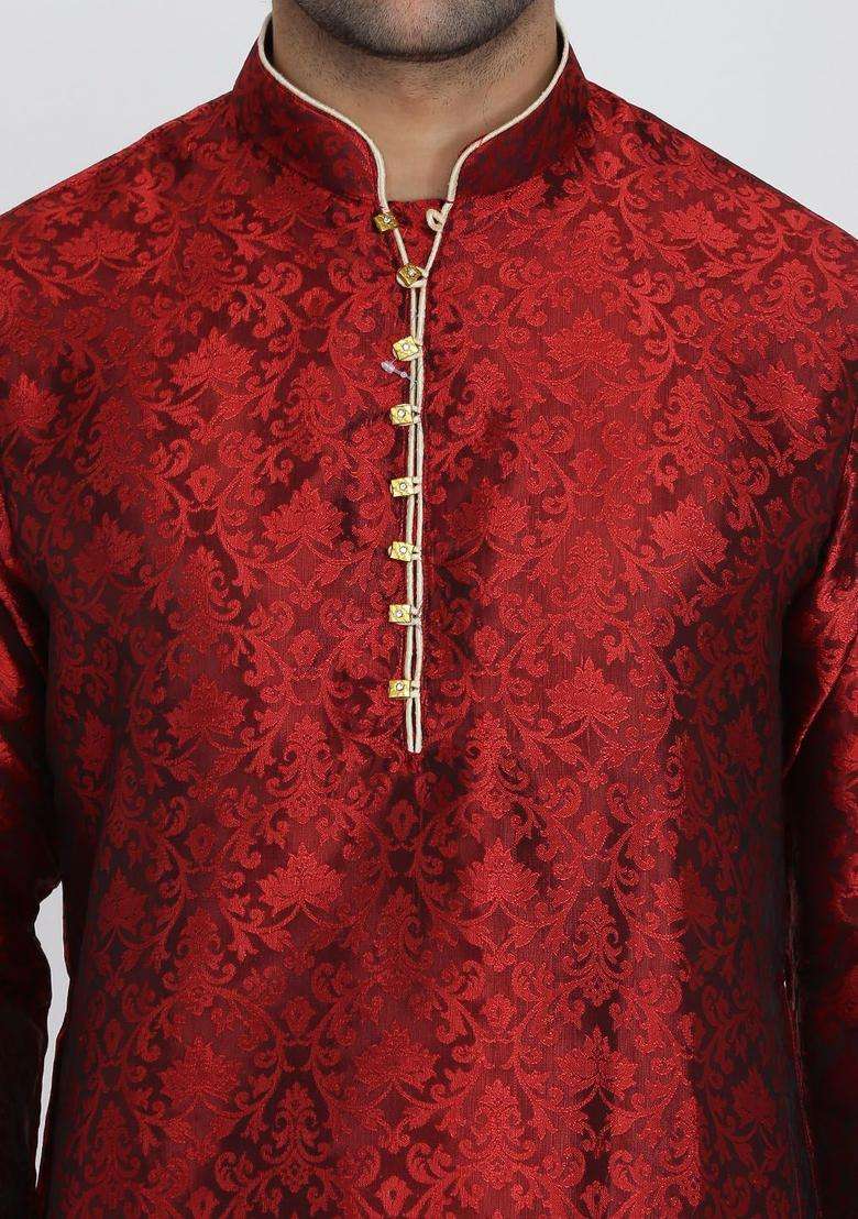 Maroon Woven Design Silk Blend Kurta Set For Men - Indya