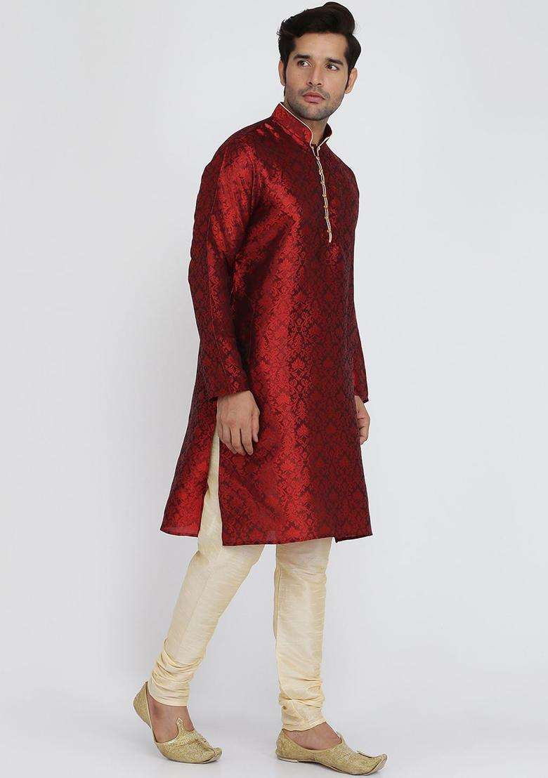 Maroon Woven Design Silk Blend Kurta Set For Men - Indya
