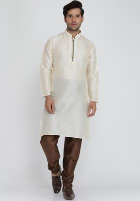 Beige Woven Design Silk Blend Kurta Set For Men