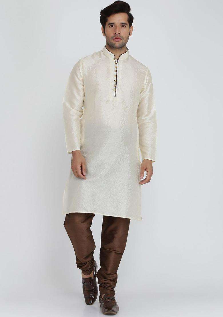 Beige Woven Design Silk Blend Kurta Set For Men - Indya