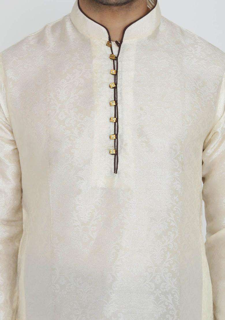 Beige Woven Design Silk Blend Kurta Set For Men - Indya