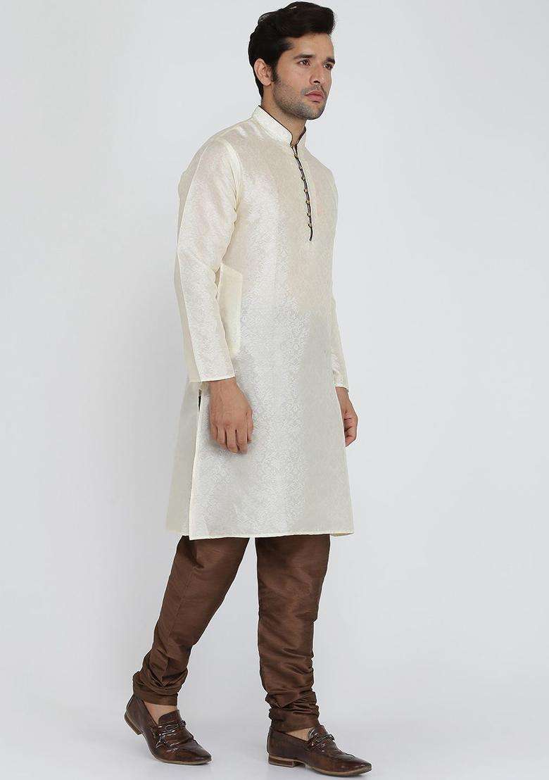 Beige Woven Design Silk Blend Kurta Set For Men - Indya