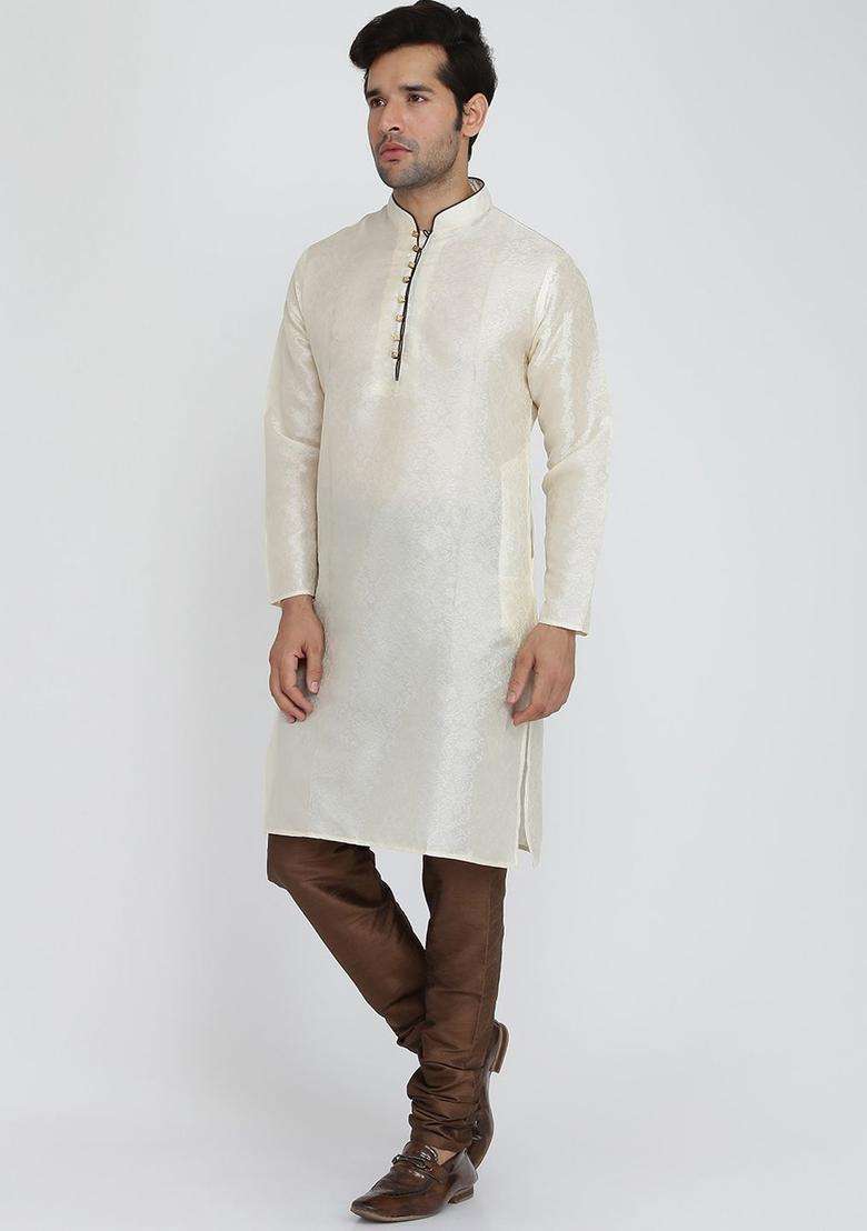 Beige Woven Design Silk Blend Kurta Set For Men - Indya