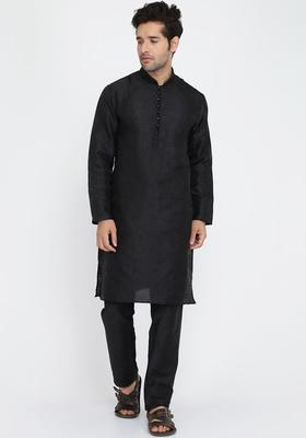Black Woven Design Silk Kurta Set For Men