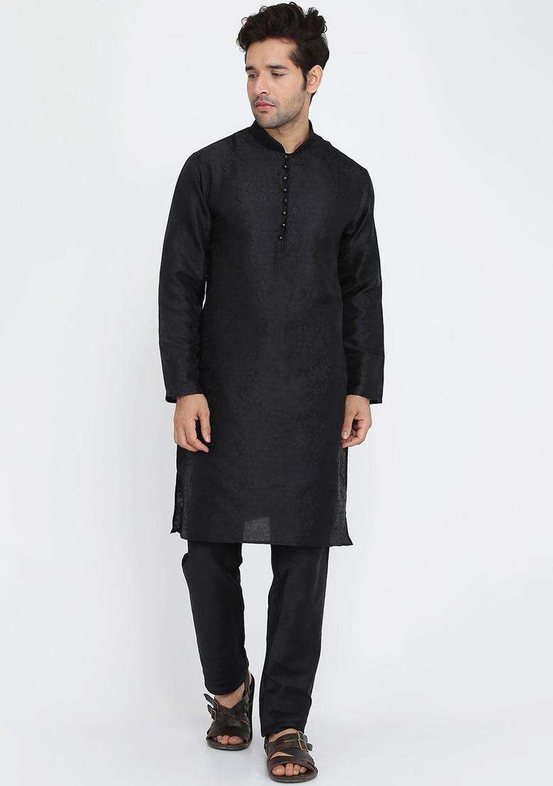 Black Woven Design Silk Blend Kurta Set For Men - Indya