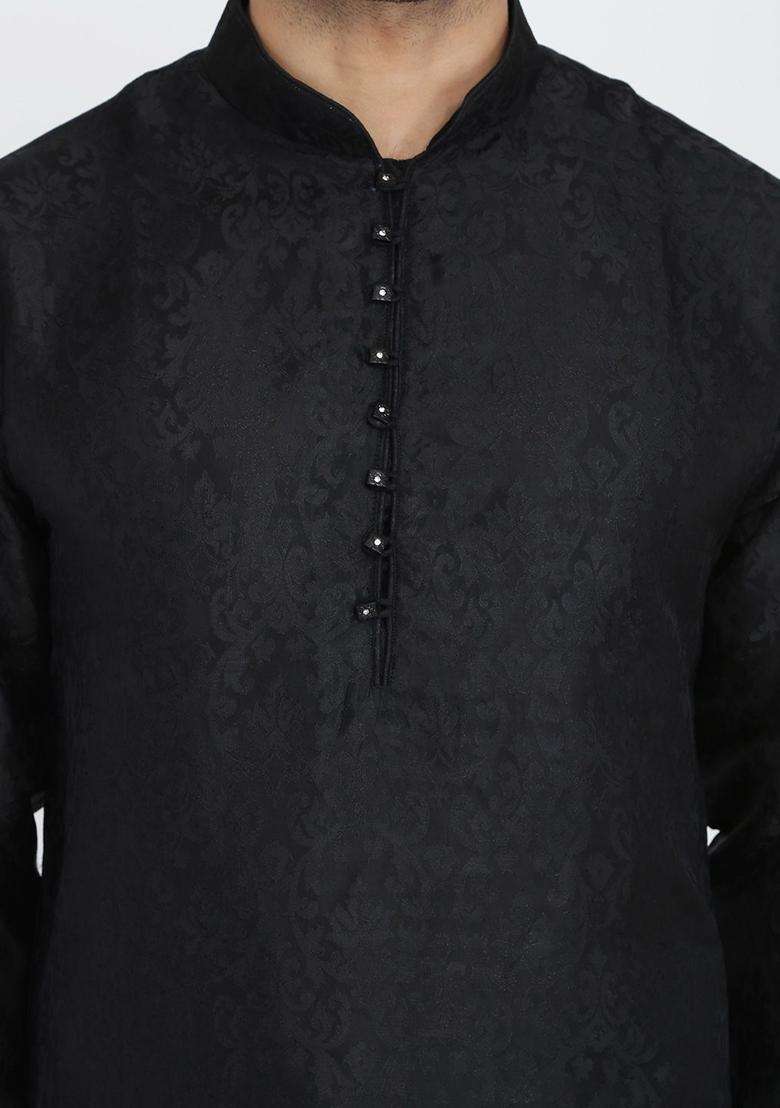 Black Woven Design Silk Blend Kurta Set For Men - Indya