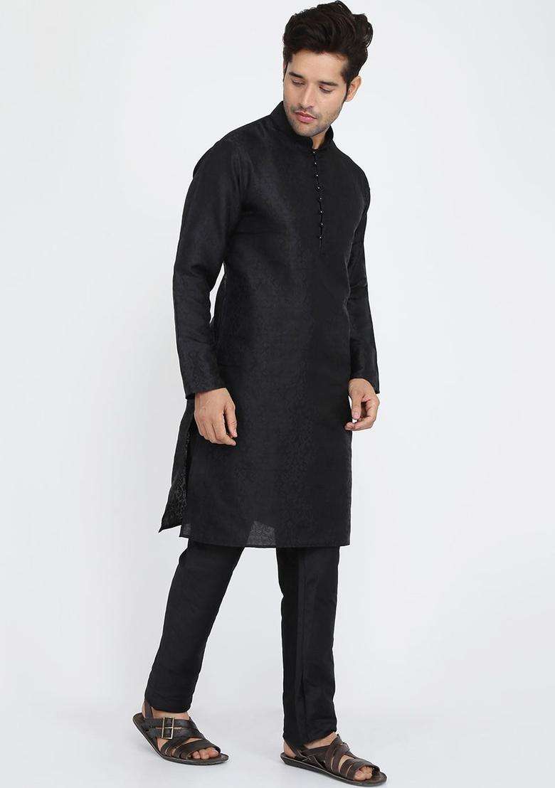 Black Woven Design Silk Blend Kurta Set For Men - Indya