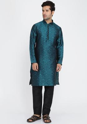 Green Woven Design Silk Kurta Set For Men