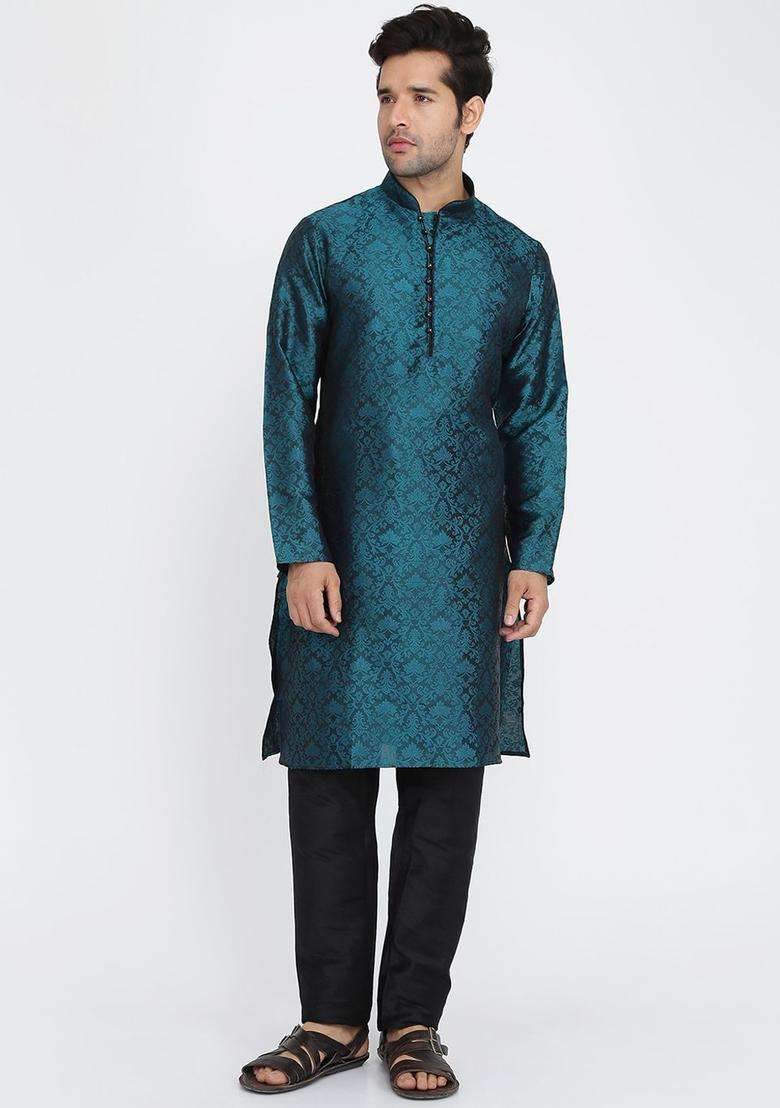 Green Woven Design Silk Blend Kurta Set For Men - Indya