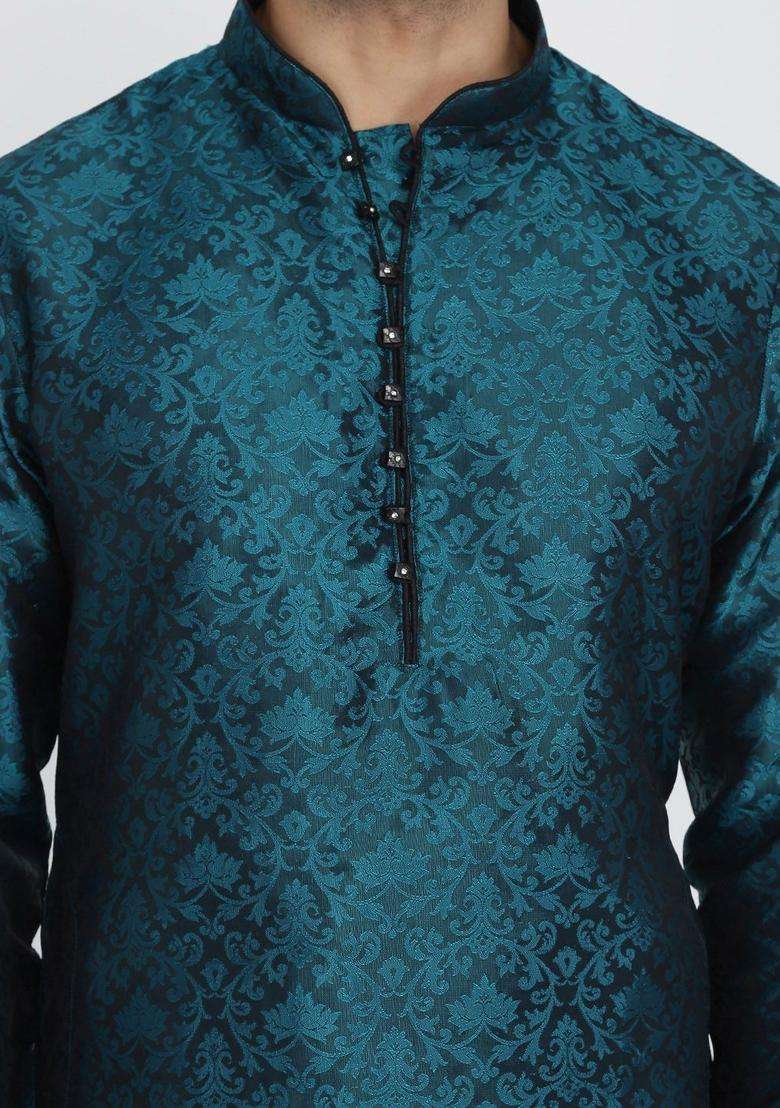 Green Woven Design Silk Blend Kurta Set For Men - Indya